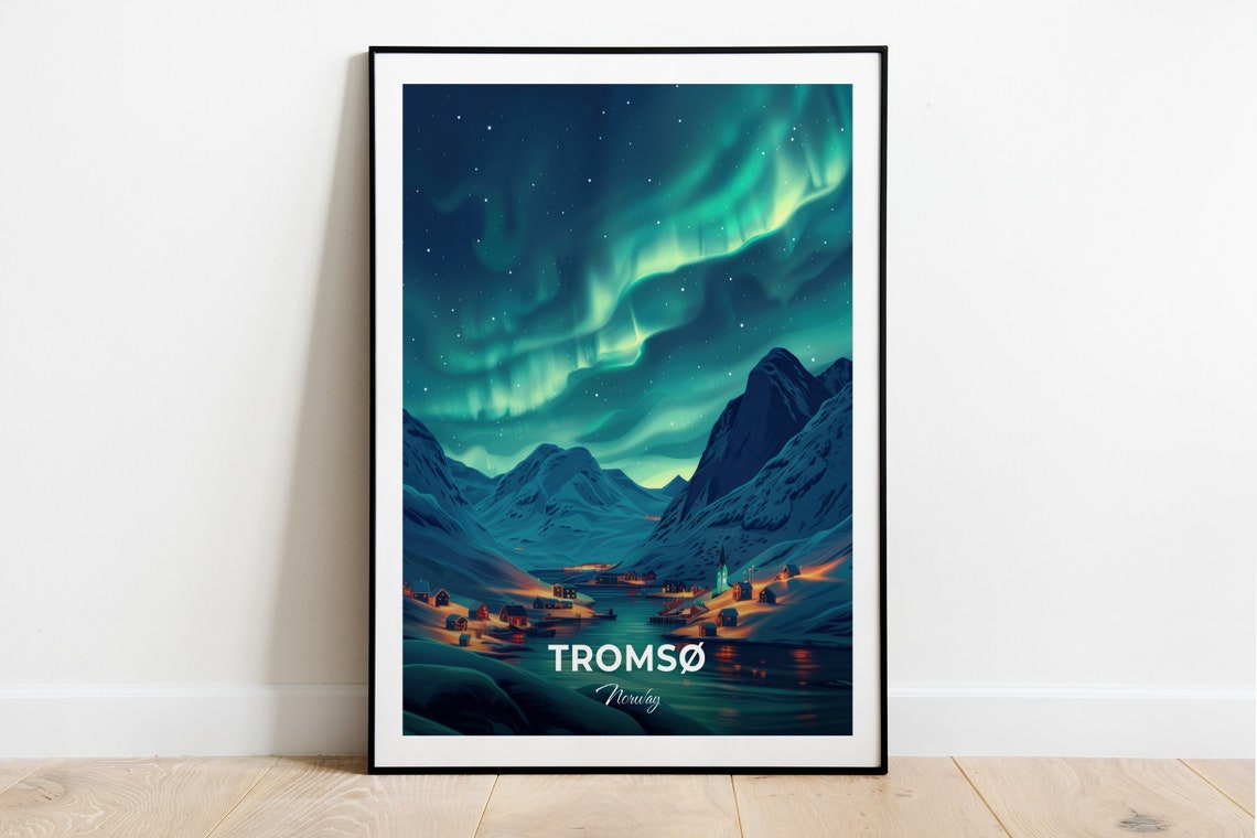 Tromso Norway Northern Lights Dancing Over Arctic Harbor Night Poster