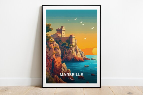 Marseille France Coastal Fortress Sunset Travel Illustration Poster