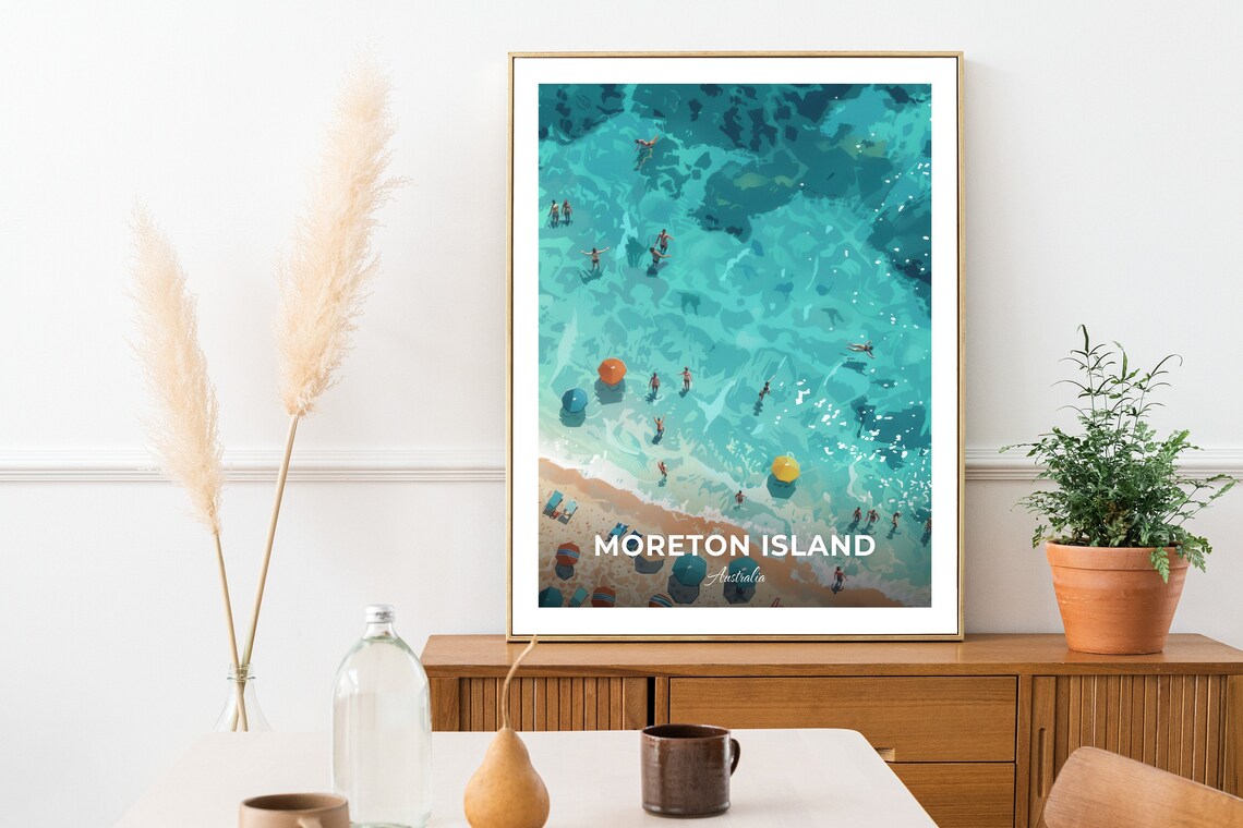 Moreton Island Australia Aerial View of Swimmers and Beach Umbrellas Poster - Image 3