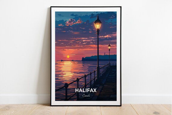 Halifax Canada Harbor Sunset Boardwalk Lamps Evening Travel Poster
