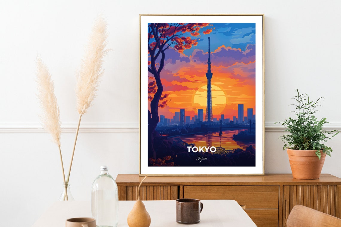 Tokyo Japan Skytree Tower Sunset Silhouette Riverside View Poster - Image 2