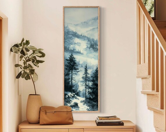 Misty Pine Tree Forest Atmospheric Narrow Wall Art Calming Wilderness And Moody Forest Painting Print For Long Narrow Wall Decor