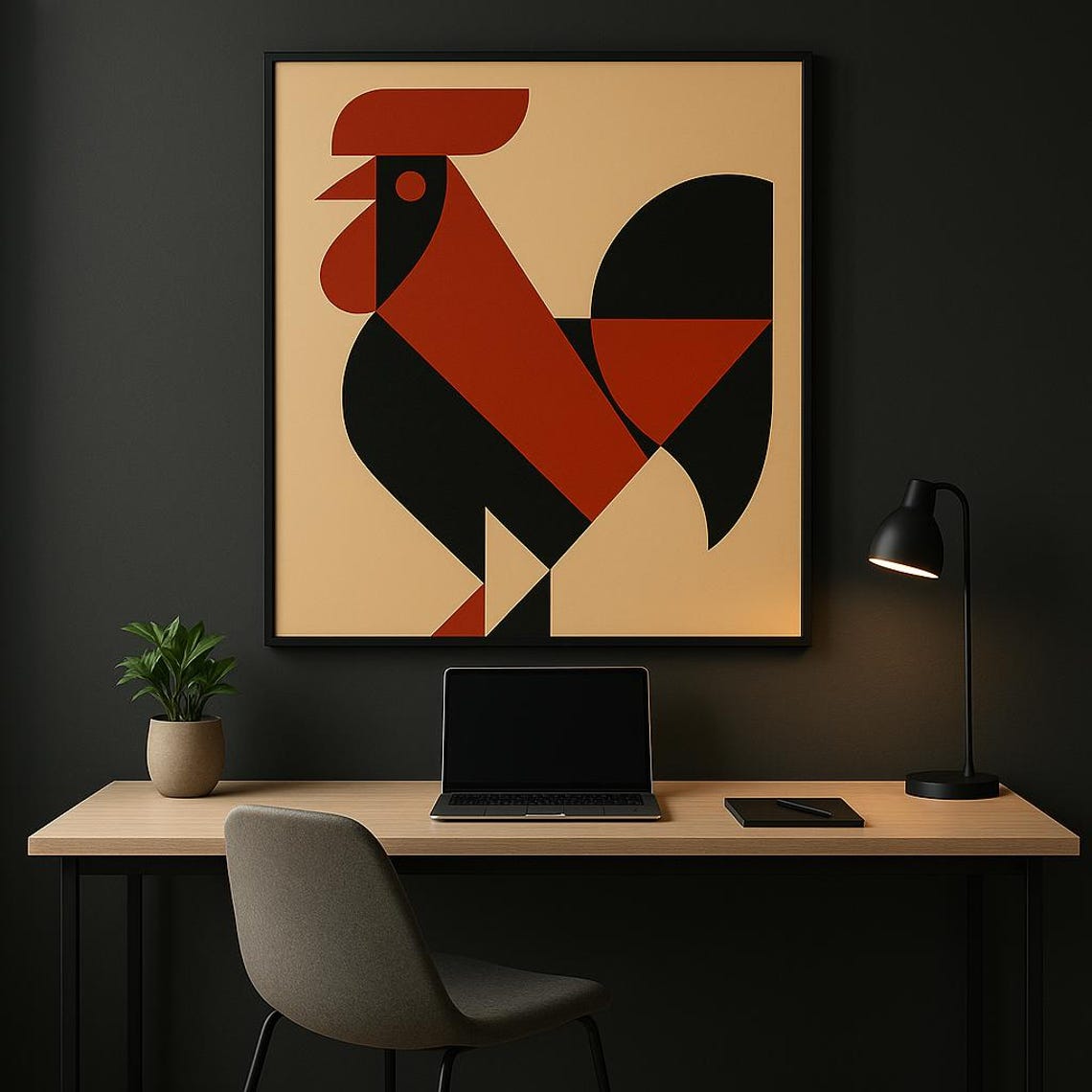 Geometric Rooster Terracotta Black Bauhaus Animal Art Poster
