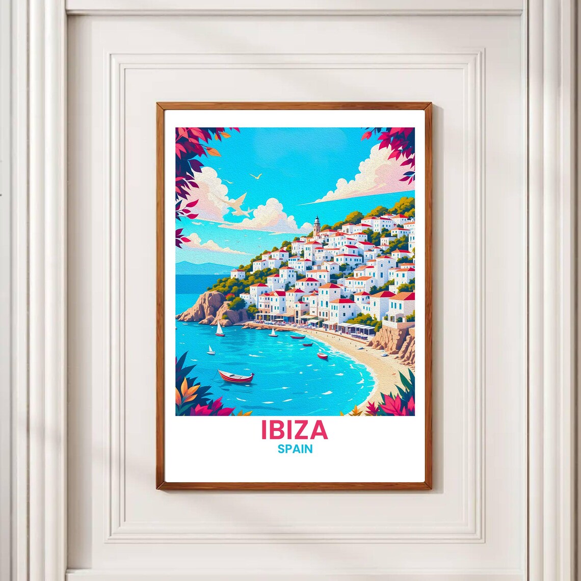 Ibiza Spain Vintage Beach Coastline Whitewashed Town Travel Poster