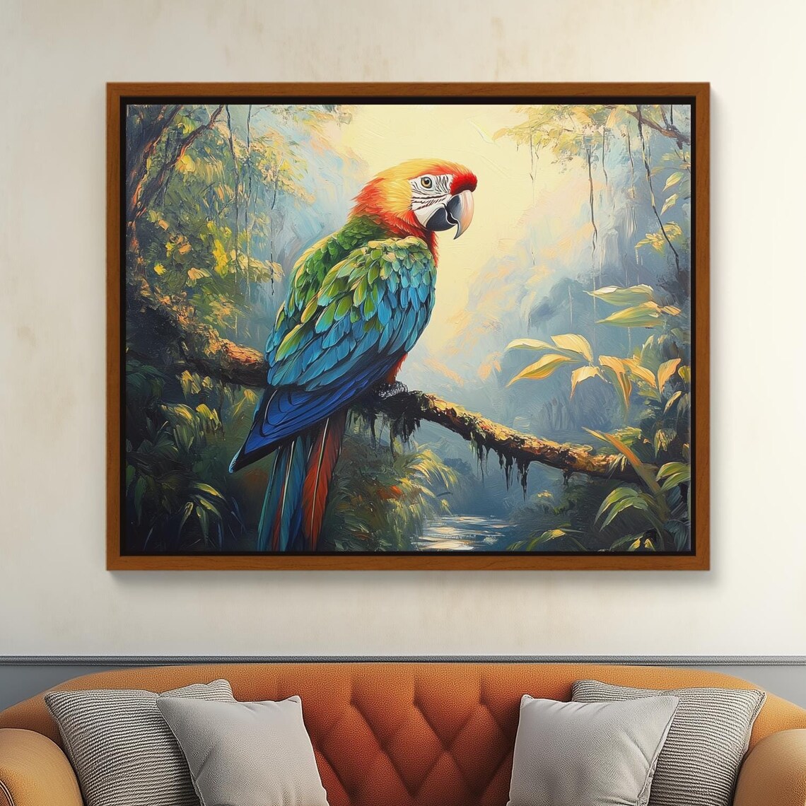 Colorful Macaw Parrot Rainforest Canvas Painting Wildlife Poster
