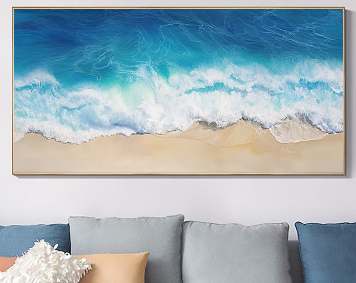 Turquoise Ocean Waves Aerial Sandy Shore Coastal Surf Poster