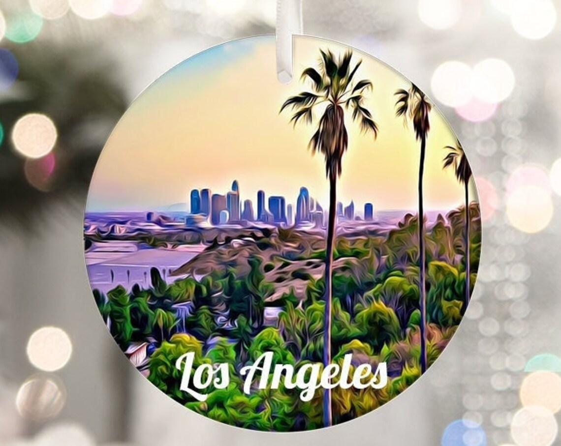 Los Angeles Skyline Palm Trees Sunset Cityscape Travel Poster