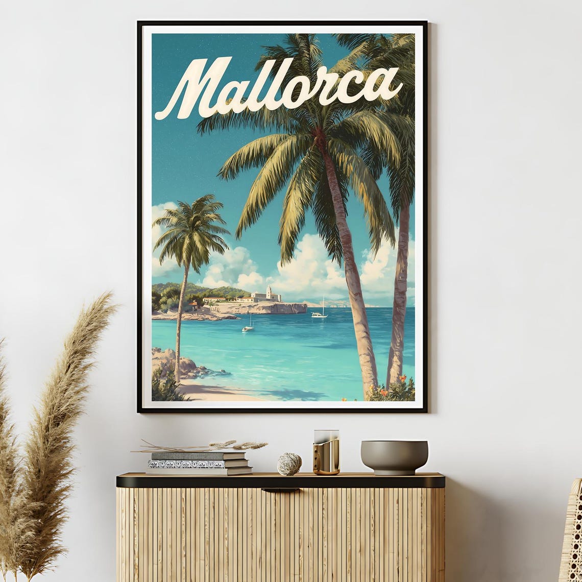 Mallorca Beach Palm Trees Turquoise Sea Vintage Travel Poster