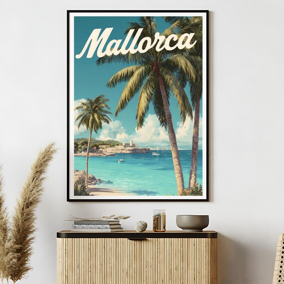 Mallorca Beach Palm Trees Turquoise Sea Vintage Travel Poster