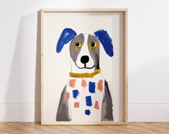 Naive Style Dog Painting Blue Ears Yellow Collar Whimsical Pet Poster