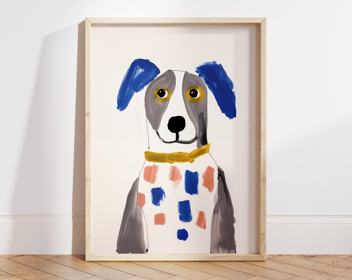 Naive Style Dog Painting Blue Ears Yellow Collar Whimsical Pet Poster