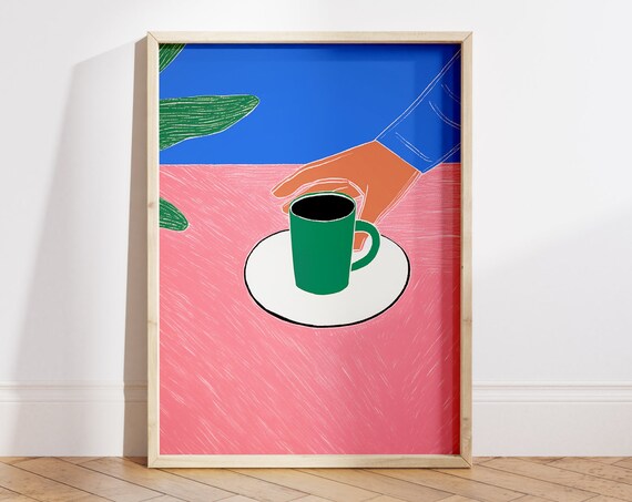 Hand Holding Green Coffee Mug Bold Pop Art Pink Blue Kitchen Poster