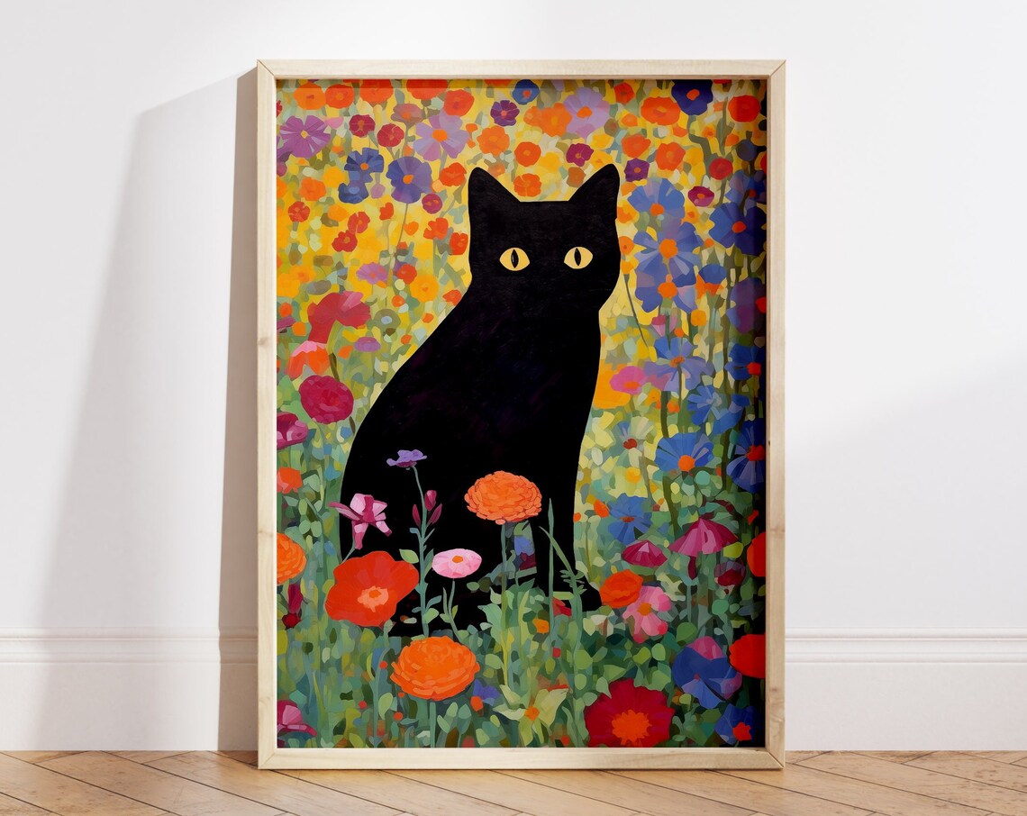 Black Cat In Colorful Flower Garden Gustav Klimt Inspired Art Poster