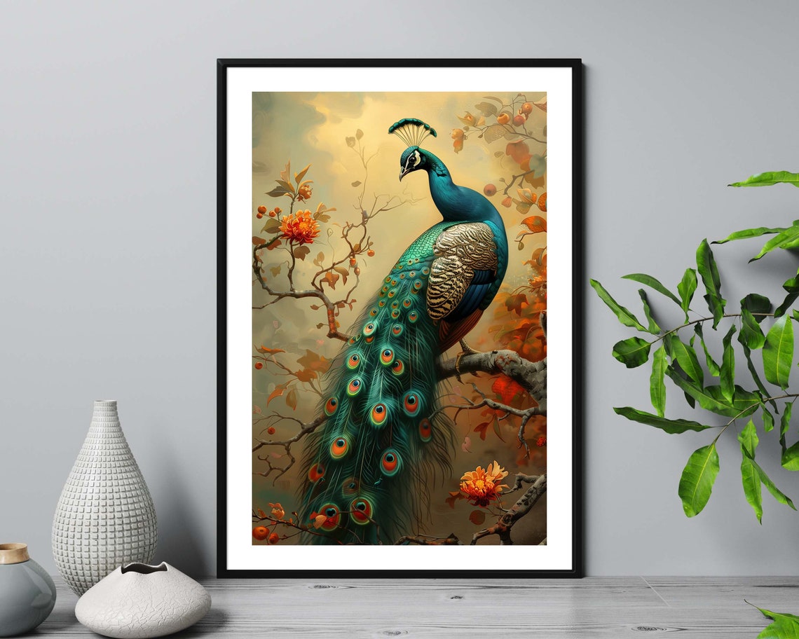 Majestic Peacock Perched On Blooming Branch Autumn Blossom Bird Poster - Image 5