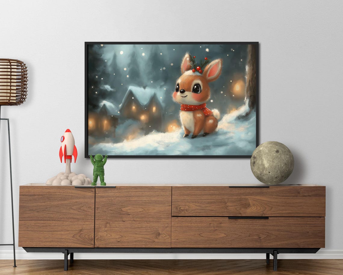 Cute Christmas Fawn In Snowy Village Holiday Winter Deer Poster - Image 4