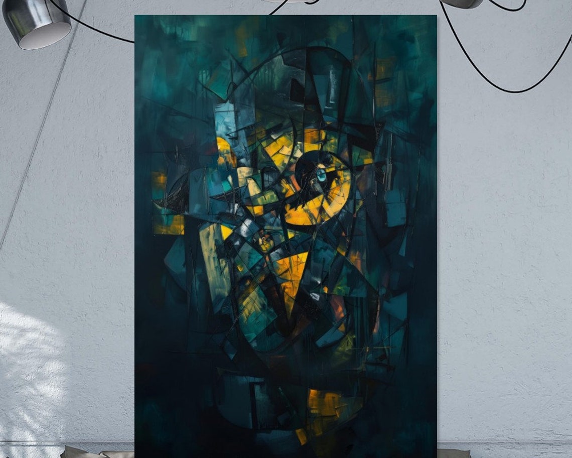 Abstract Canary Cubist Bird Painting Teal Yellow Bold Brushwork Poster - Image 2