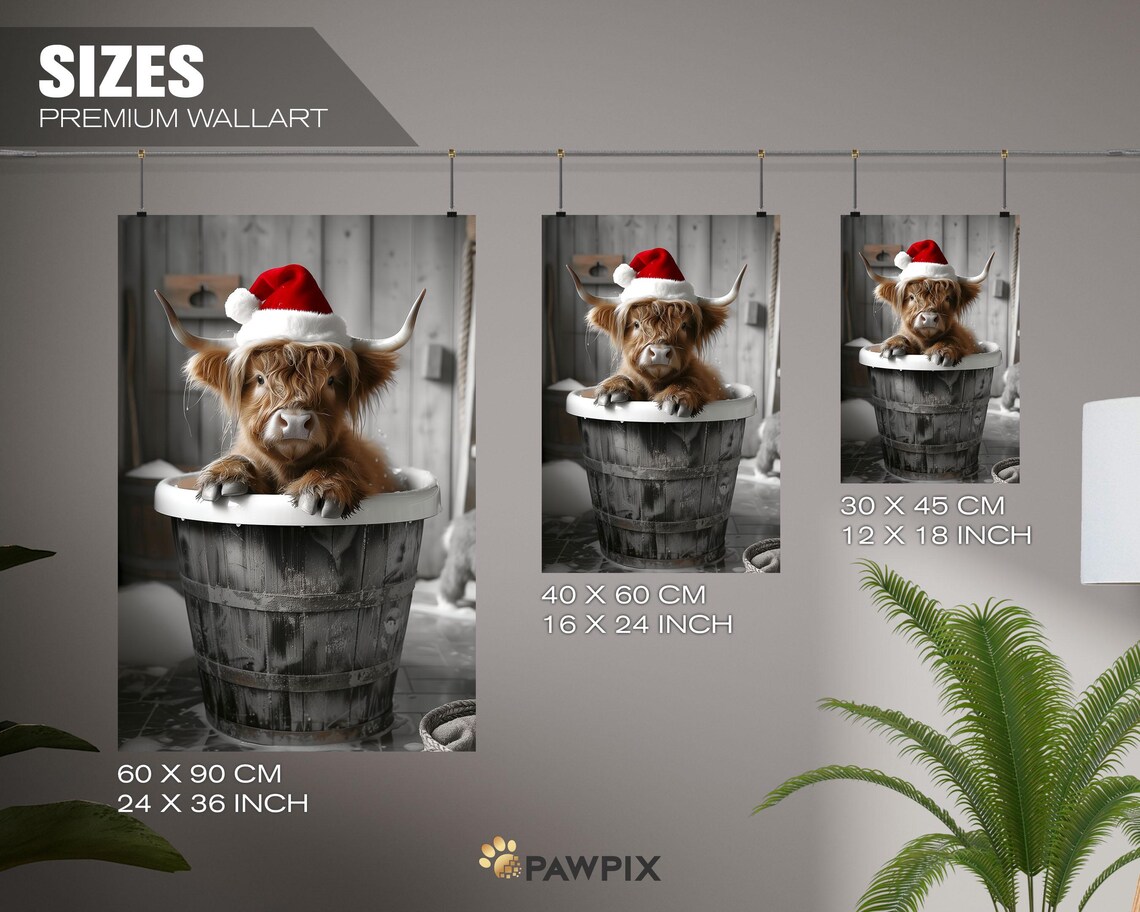 Highland Cow In Santa Hat Sitting In Wooden Barrel Christmas Poster - Image 5