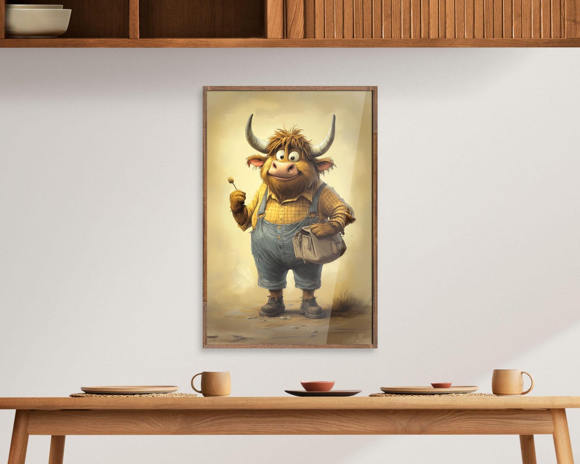 Farmer Cow In Overalls Whimsical Highland Cattle Farm Art Poster