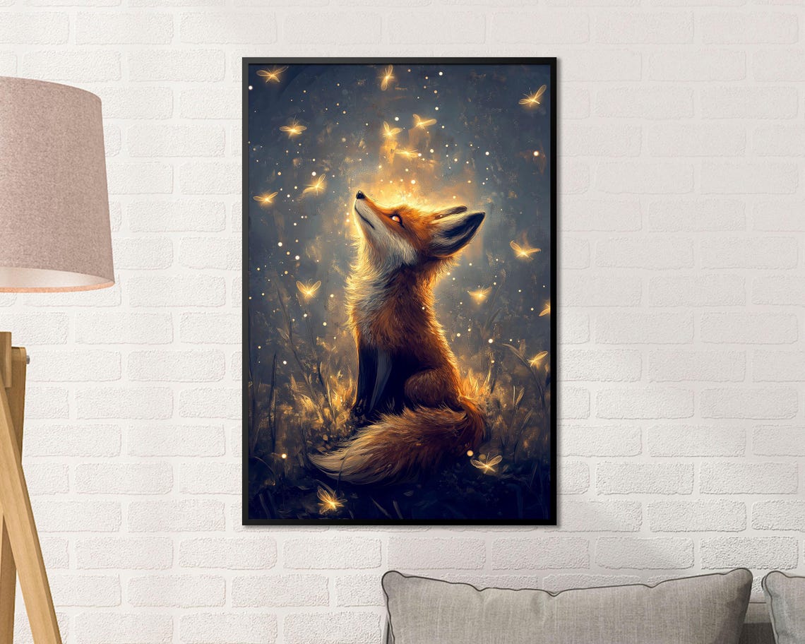 Red Fox Watching Glowing Fireflies Magical Night Forest Wall Art - Image 4