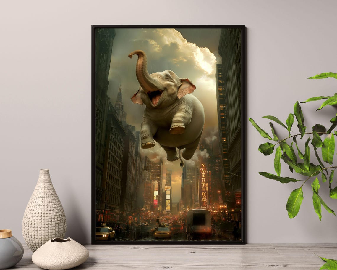 Flying Elephant Over City At Night Surreal Urban Fantasy Art Poster - Image 3