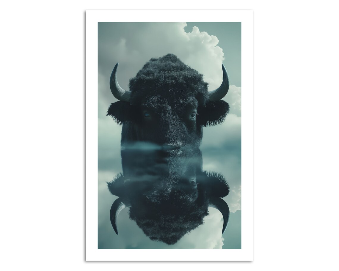 Majestic Bison Buffalo Portrait Water Reflection Double Exposure Poster - Image 3