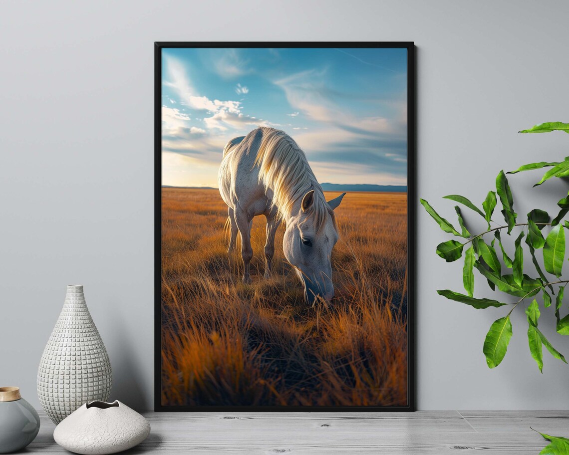 White Horse Grazing Golden Grassland At Sunset Nature Photo Poster