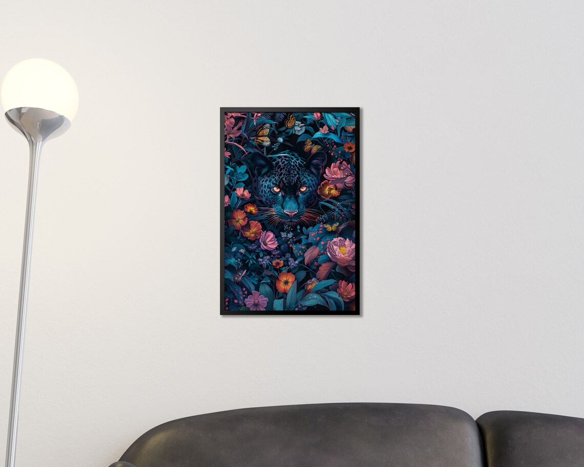 Enigmatic Black Panther In Tropical Flowers Mystical Jungle Cat Art Print - Image 2
