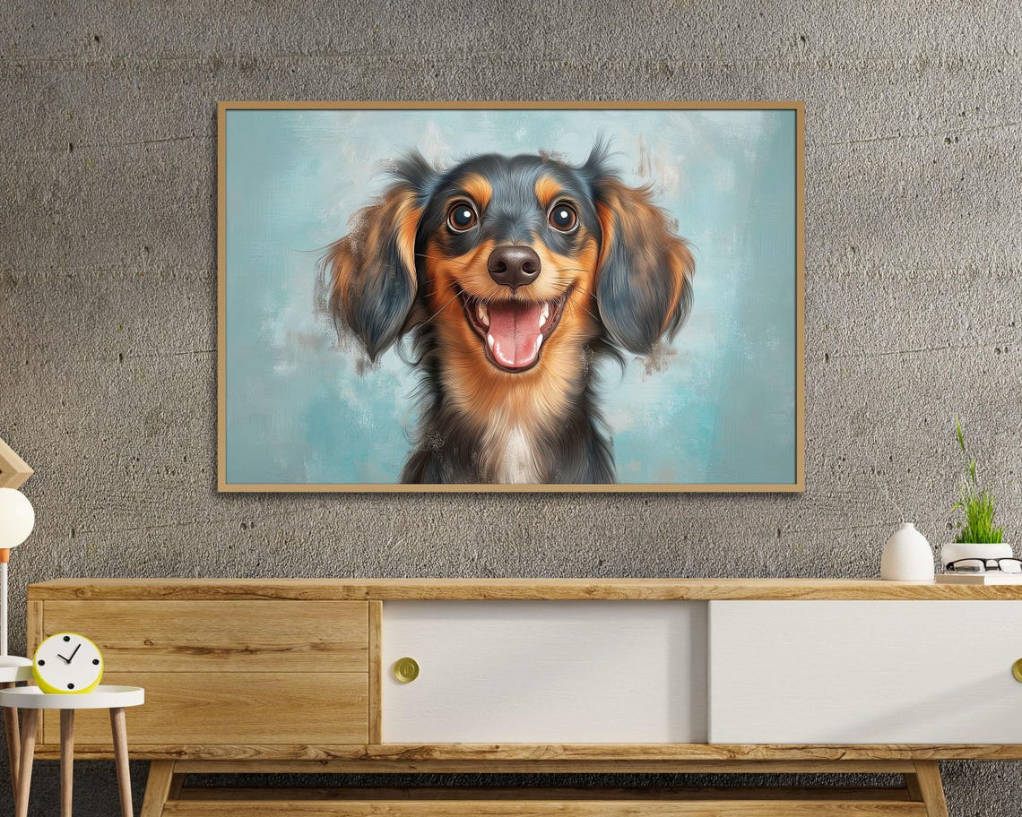 Funny Grinning Long Haired Dachshund Face Blue Pet Portrait Poster - Image 2