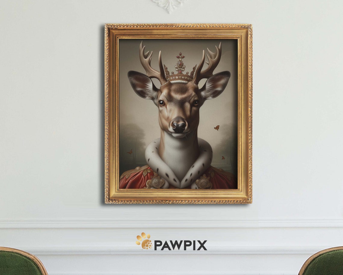Royal Deer Portrait Crown Regal Red Robes Oil Painting Art Poster