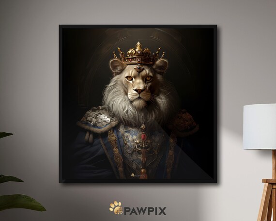 Royal White Lion King Wearing Crown Regal Portrait Animal Poster