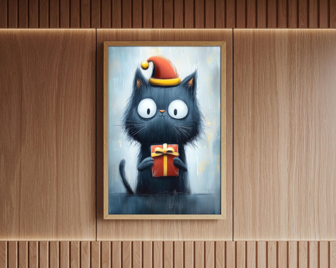 Black Cat With Santa Hat Holding Gift Box Funny Christmas Art Poster - Image 5