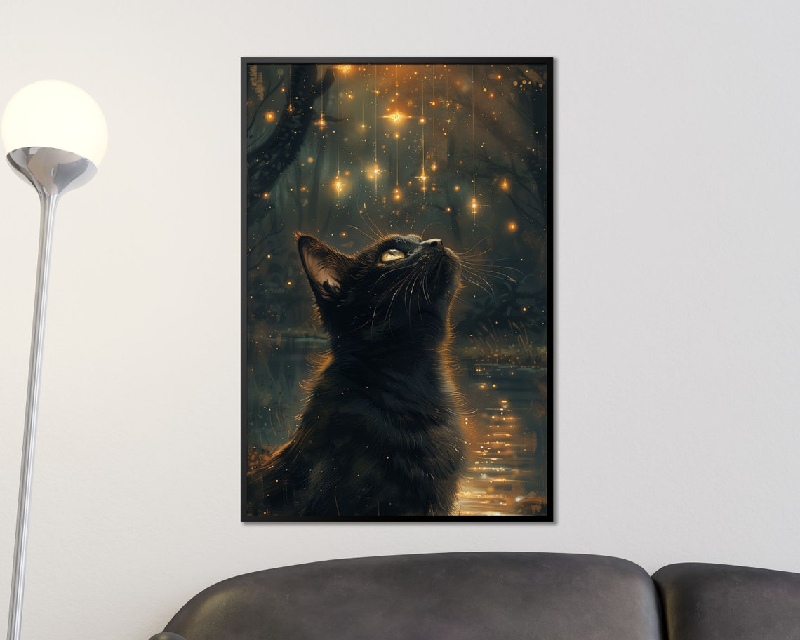 Black Cat Gazing At Fireflies Magical Night Forest Art Poster - Image 3