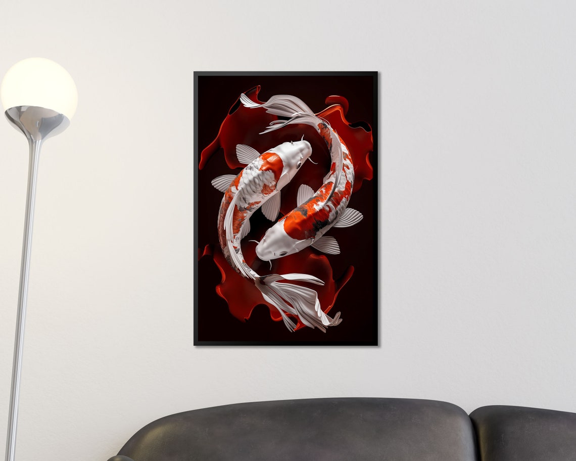 Yin Yang Koi Fish Pair Black Background Red Swirl Zen Art Print