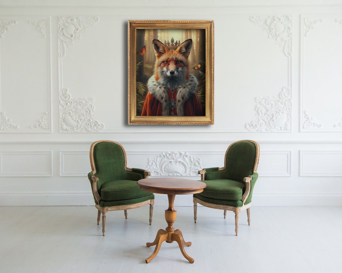 Royal Fox Portrait Crowned Red Robe Forest Butterflies Regal Poster - Image 4