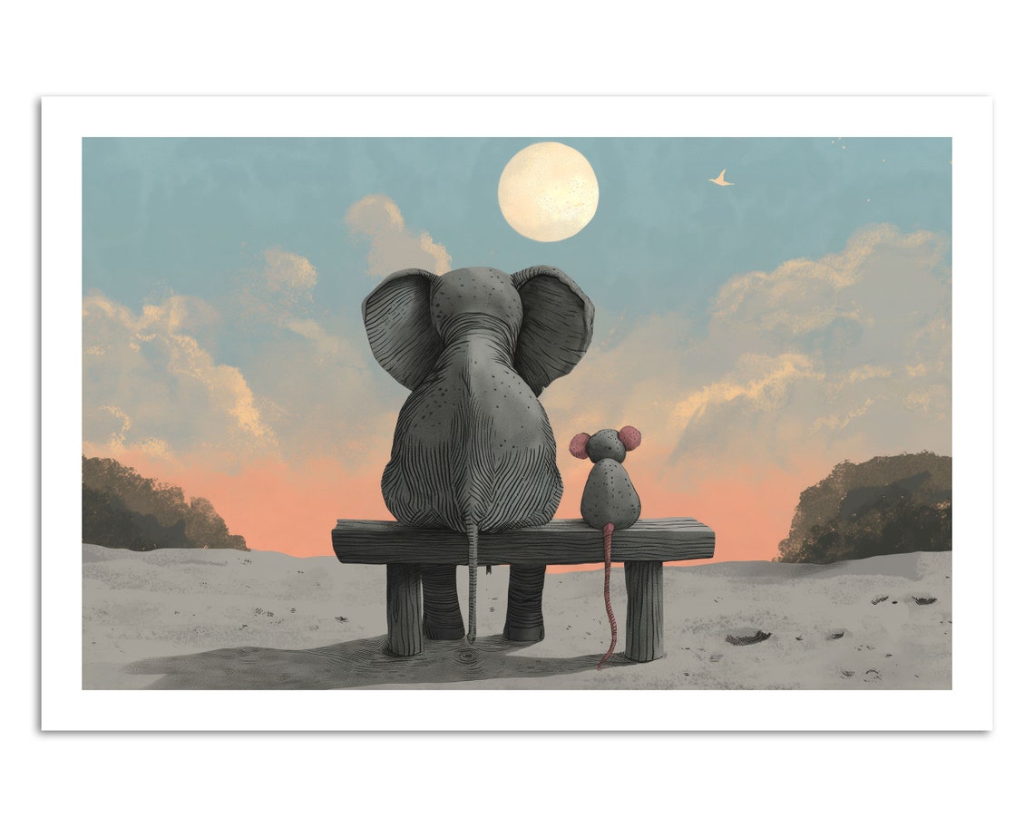 Elephant And Mouse Friendship Moonlight Beach Bench Wall Art - Image 4