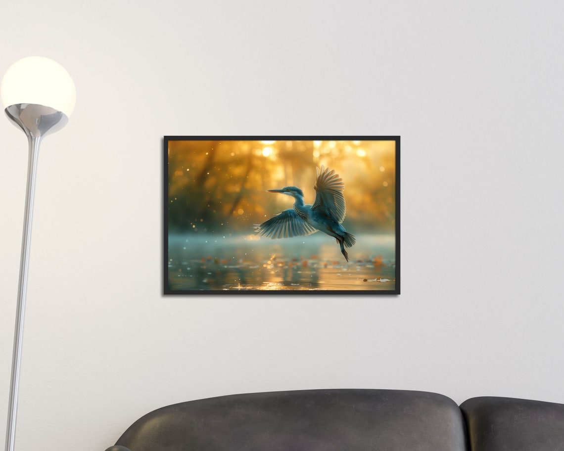 Grey Heron Flying Over Golden Sunset Water Wildlife Wall Art Print - Image 2