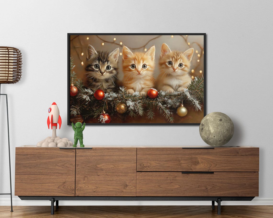Three Kittens With Christmas Ornaments Holiday Lights Art Poster - Image 4