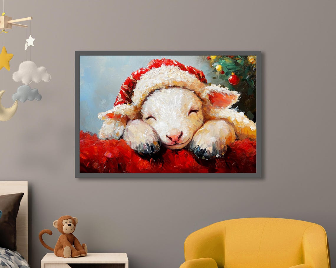 Sleeping Lamb In Santa Hat Cozy Christmas Oil Painting Art Poster - Image 5