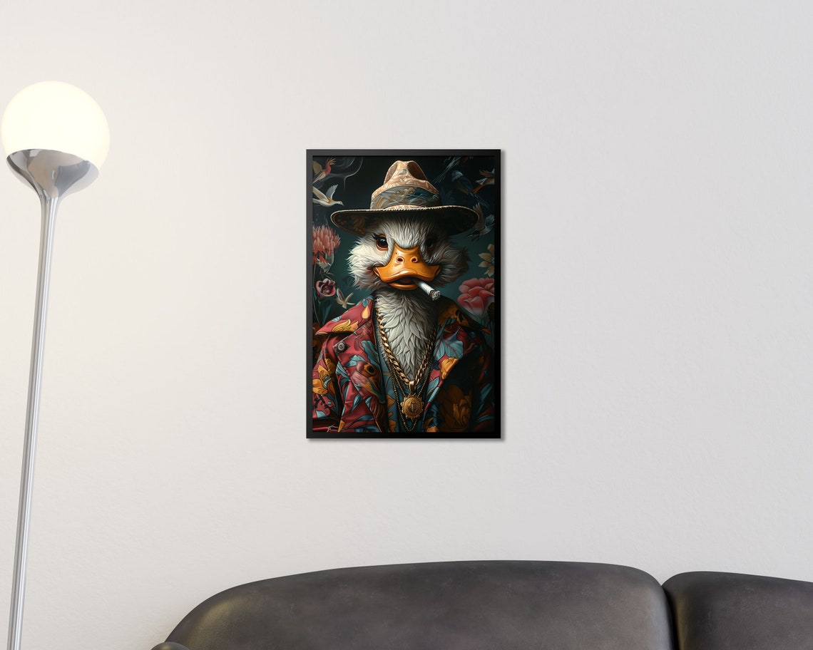 Dapper Duck In Floral Suit Fedora Gold Chains Funny Bird Wall Art - Image 2
