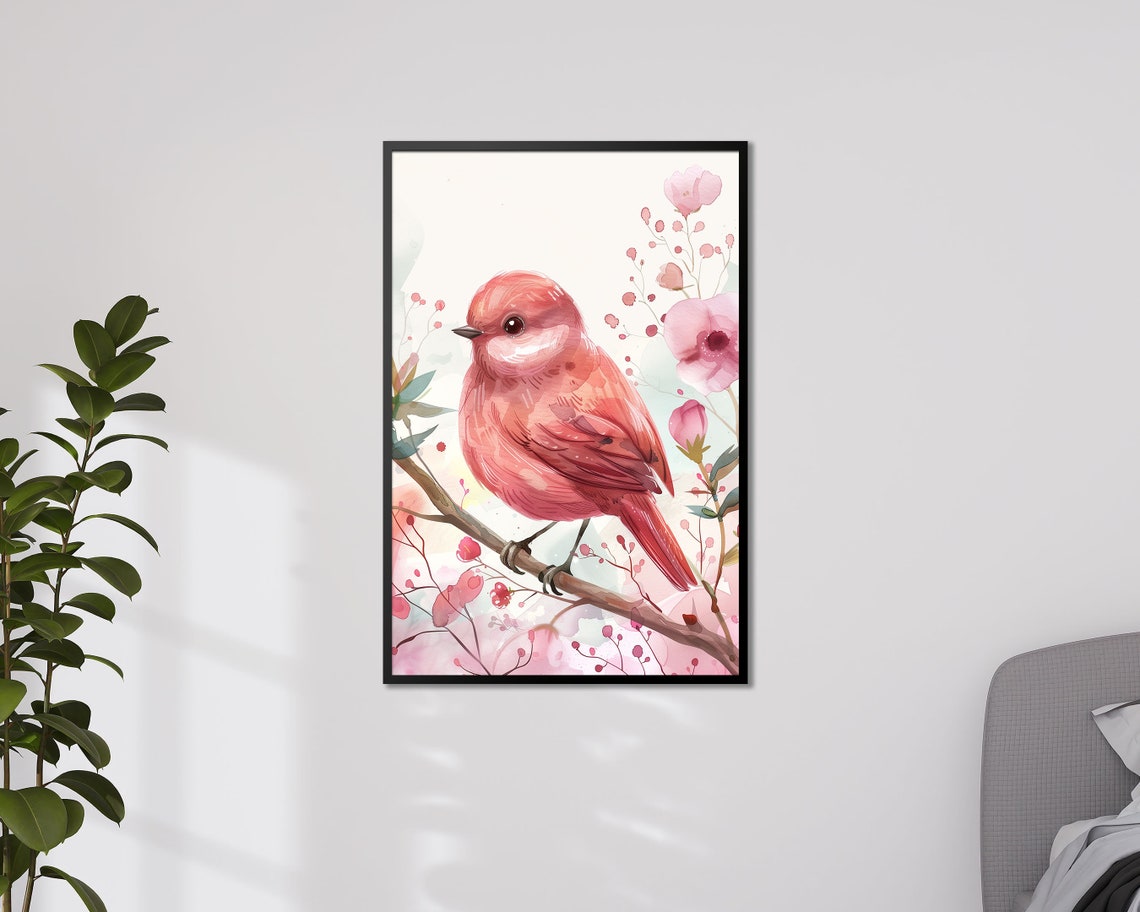 Pink Bird On Blossom Branch Watercolor Pastel Floral Wall Art Print - Image 4