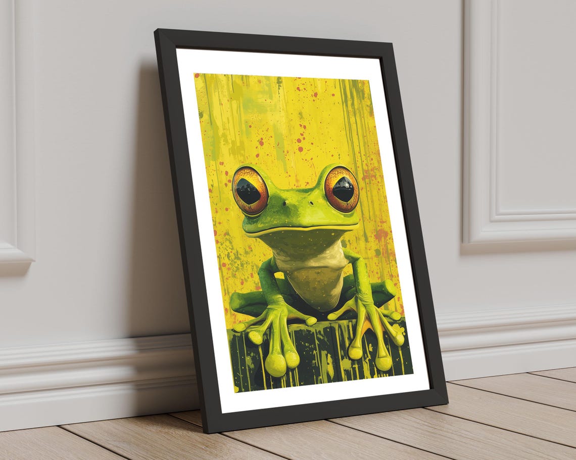 Lime Green Tree Frog Pop Art Style Bright Yellow Splatter Wall Art - Image 8