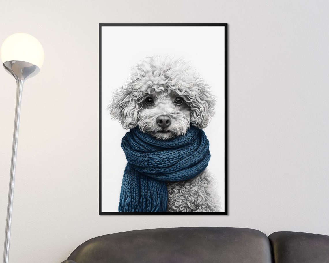 White Poodle Puppy Wearing Navy Blue Knit Scarf Portrait Poster - Image 2