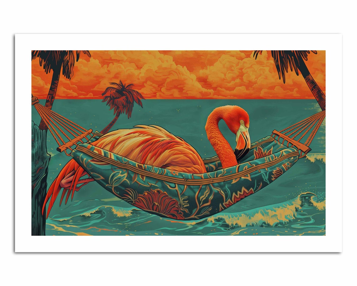 Flamingo Relaxing In Hammock Tropical Sunset Beach Fun Art Poster - Image 3