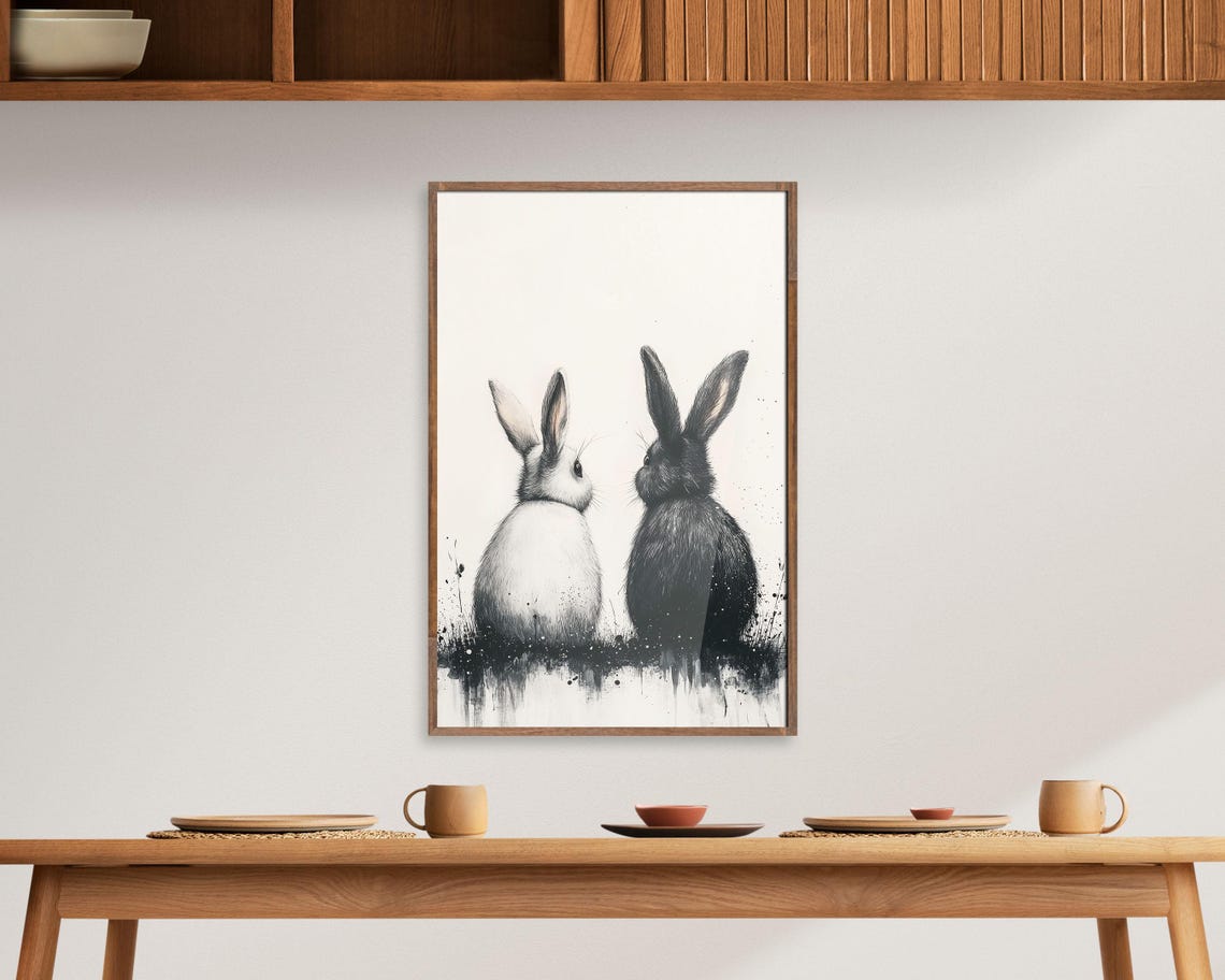 Black And White Bunnies Back To Back Monochrome Rabbit Art Poster