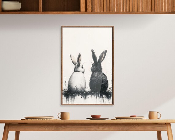 Black And White Bunnies Back To Back Monochrome Rabbit Art Poster