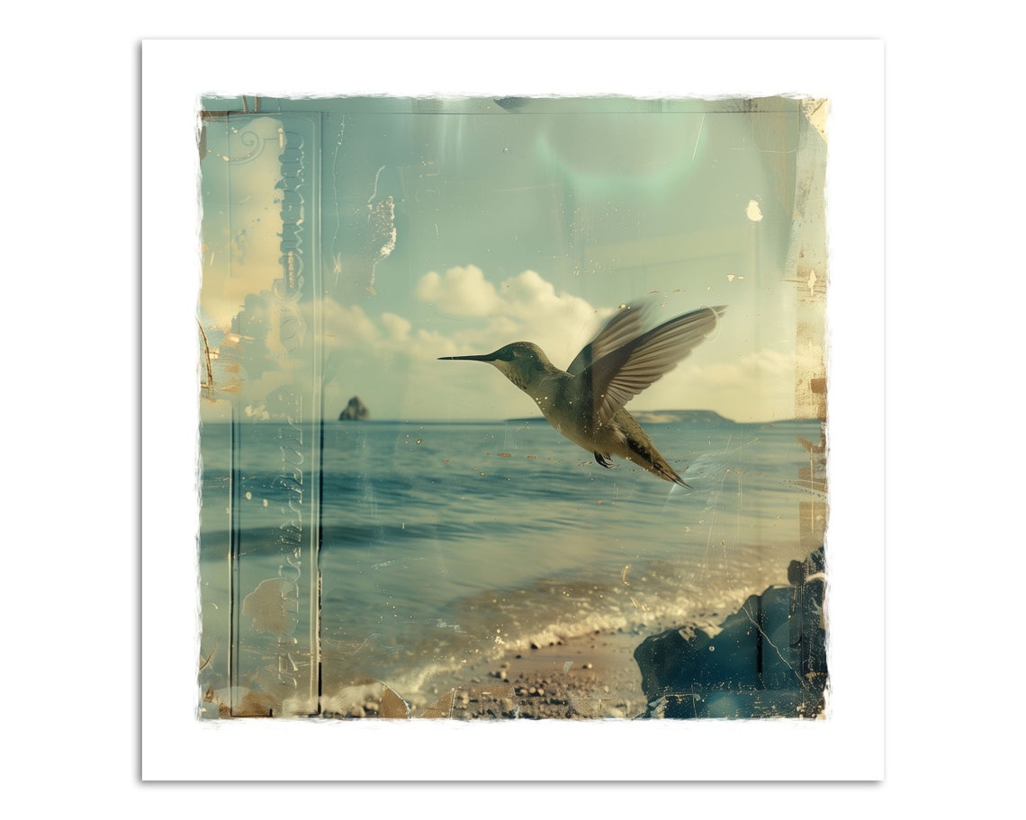 Hummingbird Over Ocean Beach Vintage Coastal Photo Wall Art Print - Image 4