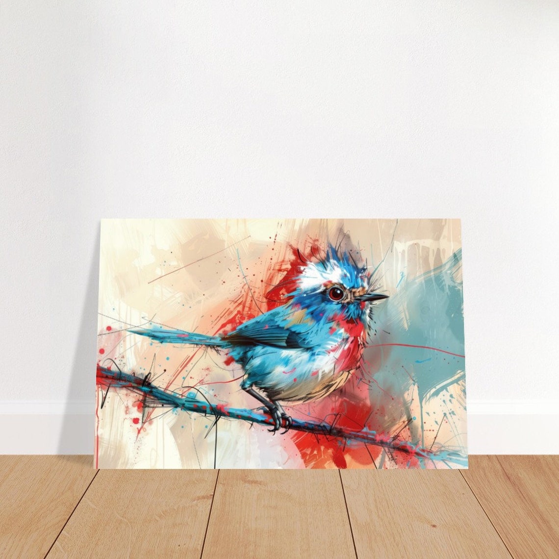 Microcosm Blue Songbird On Branch Macro Painting Vibrant Splash Poster - Image 4