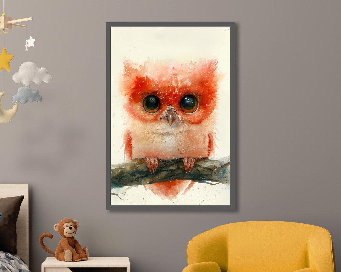 Fluffy Coral Owl Baby Watercolor Branch Cute Nursery Wall Art
