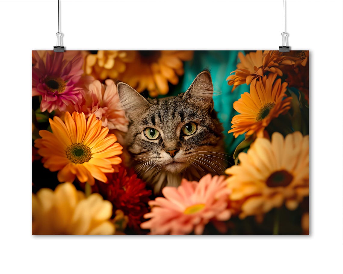 Tabby Cat Among Colorful Gerbera Daisies Floral Feline Art Poster - Image 5