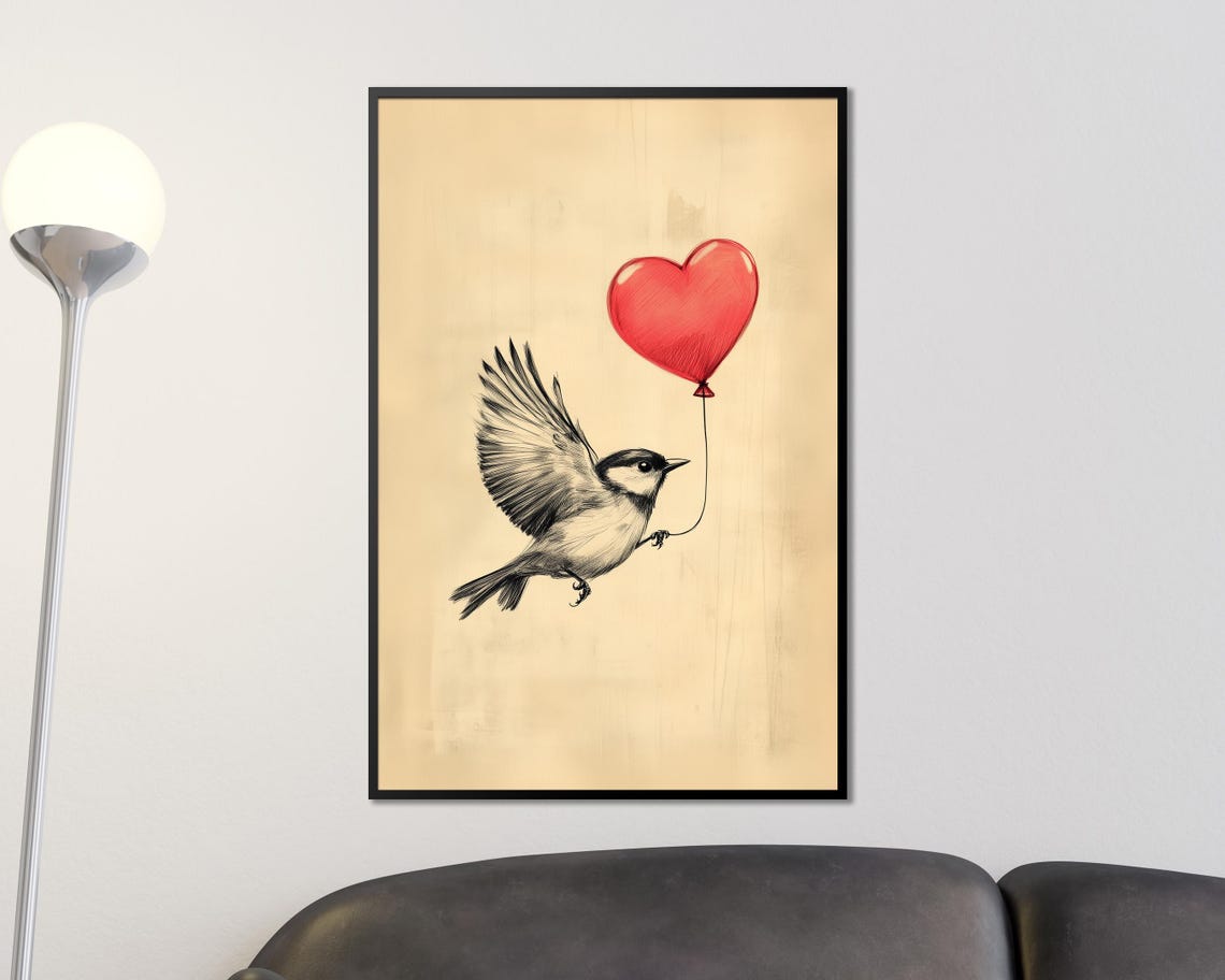 Flying Sketch Bird Carrying Red Heart Balloon Romantic Wall Art - Image 4